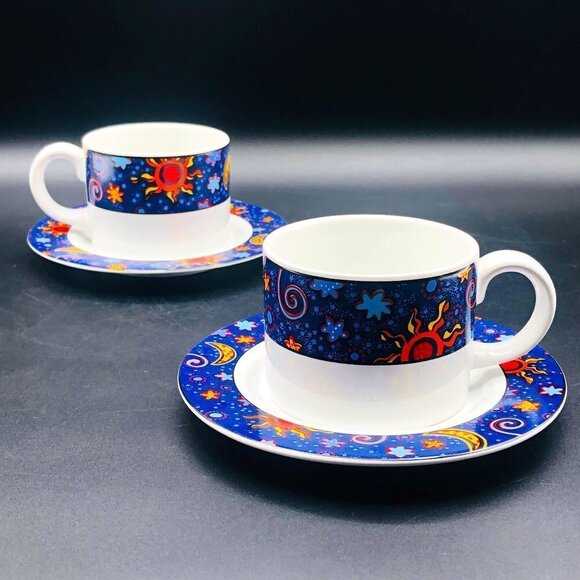90s SAKURA Stoneware Celestial Cup Saucer Set PAIR Vintage Astral Moon Star Sun - Picture 1 of 10